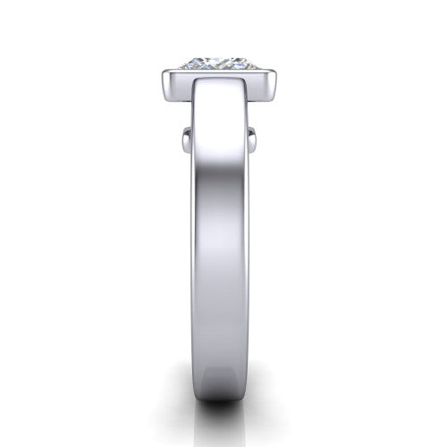 Bony princess-cut classic engagement ring in 18K White Gold, side profile showing the bezel setting and split rails in side view