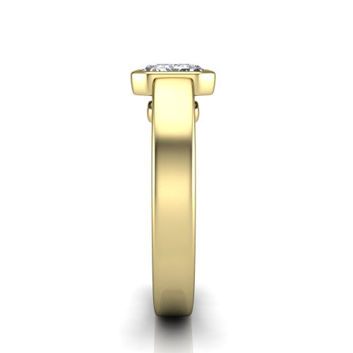 Bony emerald-cut classic engagement ring in 14K Yellow Gold, side profile showing the bezel setting and split rails in side view