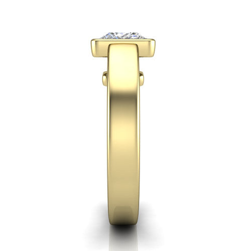 Bony princess-cut classic engagement ring in 14K Yellow Gold, side profile showing the bezel setting and split rails in side view