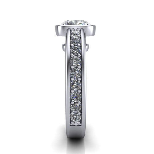 Isabel cushion classic engagement ring in Platinum, side profile showing the bezel setting and split diamond band in side view