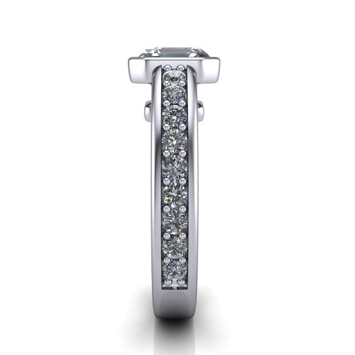 Isabel square emerald-cut classic engagement ring in Platinum, side profile showing the bezel setting and split diamond band in side view