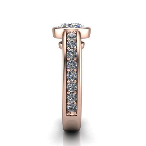 Isabel oval classic engagement ring in 14K Rose Gold, side profile showing the bezel setting and split diamond band in side view