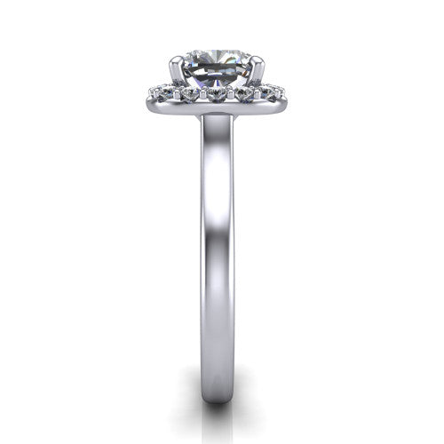 Reese cushion halo engagement ring in 18K White Gold, side profile showing the halo, hidden accent, and thin band in side view