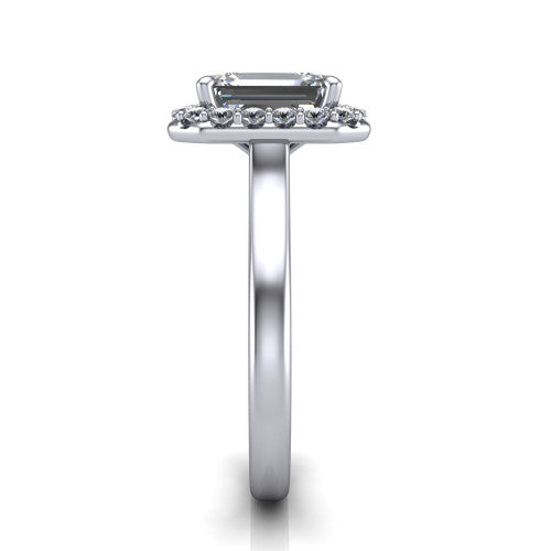 Reese emerald-cut halo engagement ring in Platinum, side profile showing the halo, hidden accent, and thin band in side view