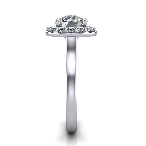 Reese round halo engagement ring in 18K White Gold, side profile showing the halo, hidden accent, and thin band in side view