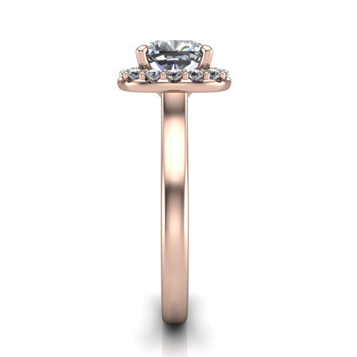 Reese cushion halo engagement ring in 18K Rose Gold, side profile showing the halo, hidden accent, and thin band in side view