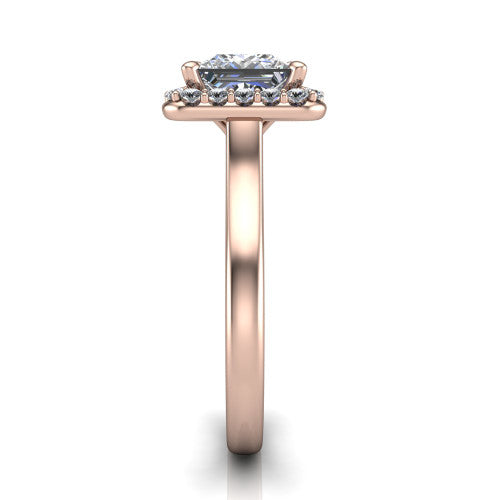 Reese princess-cut halo engagement ring in 18K Rose Gold, side profile showing the halo, hidden accent, and thin band in side view