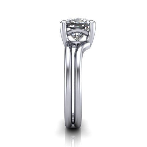 Khloe cushion classic engagement ring in Platinum, side profile showing the split polished band in side view
