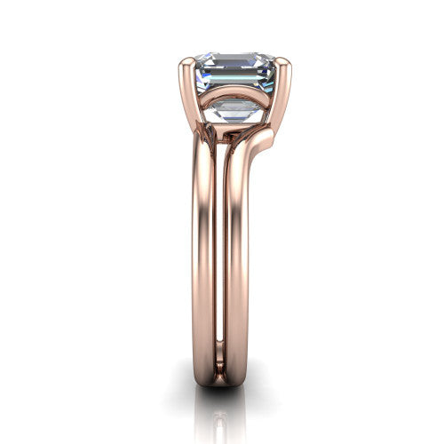 Khloe square emerald-cut classic engagement ring in 18K Rose Gold, side profile showing the split polished band in side view