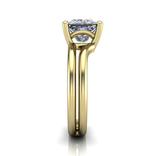 Khloe princess-cut classic engagement ring in 18K Yellow Gold, side profile showing the split polished band in side view