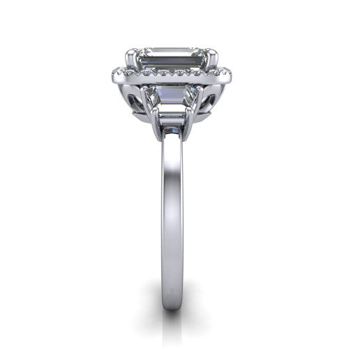 Anabella emerald-cut halo engagement ring in 14K White Gold, side profile showing the halo, side stones, and polished band in profile