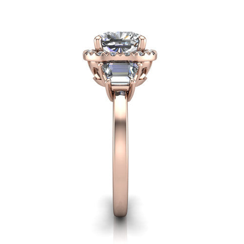 Anabella cushion halo engagement ring in 18K Rose Gold, side profile showing the halo, side stones, and polished band in profile