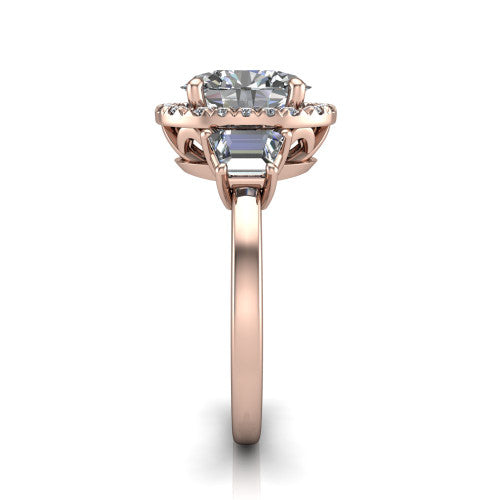Anabella oval halo engagement ring in 18K Rose Gold, side profile showing the halo, side stones, and polished band in profile