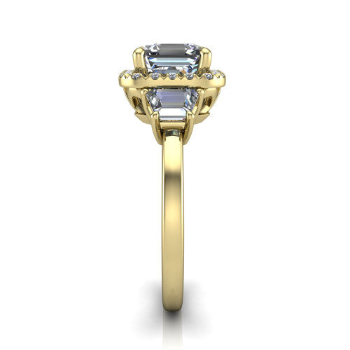 Anabella square emerald-cut halo engagement ring in 18K Yellow Gold, side profile showing the halo, side stones, and polished band in profile