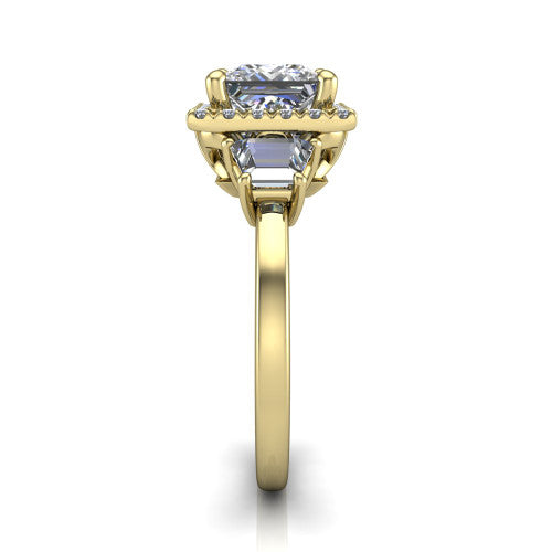 Anabella princess-cut halo engagement ring in 18K Yellow Gold, side profile showing the halo, side stones, and polished band in profile