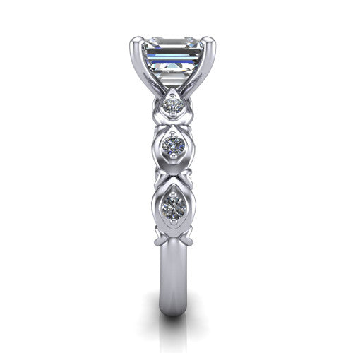 Nyla square emerald-cut solitaire engagement ring in Platinum, side profile showing the vintage station band in side view