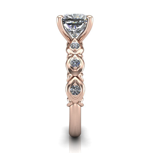 Nyla cushion solitaire engagement ring in 14K Rose Gold, side profile showing the vintage station band in side view
