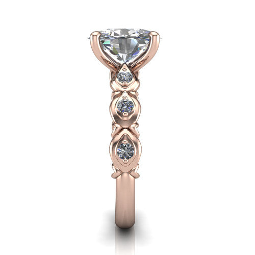 Nyla oval solitaire engagement ring in 14K Rose Gold, side profile showing the vintage station band in side view