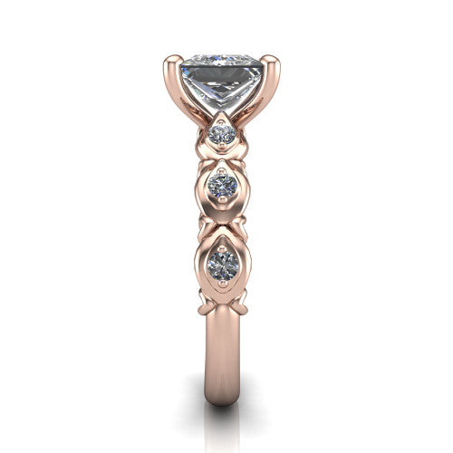 Nyla princess-cut solitaire engagement ring in 14K Rose Gold, side profile showing the vintage station band in side view