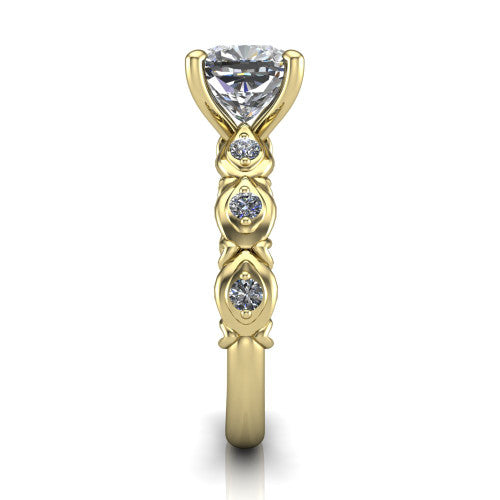 Nyla cushion solitaire engagement ring in 14K Yellow Gold, side profile showing the vintage station band in side view