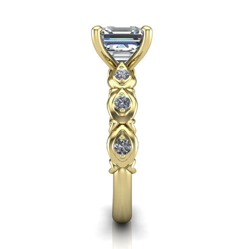 Nyla square emerald-cut solitaire engagement ring in 14K Yellow Gold, side profile showing the vintage station band in side view