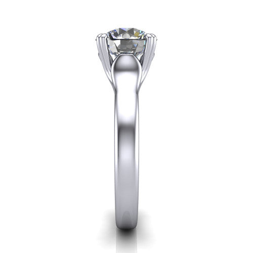 Faith round classic engagement ring in Platinum, side profile showing the cathedral setting and polished band in side view