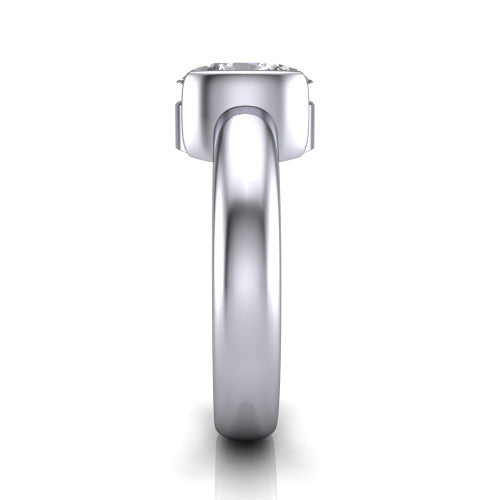 Morgan oval classic engagement ring in 18K White Gold, side profile showing the half-bezel and wide polished band in side view