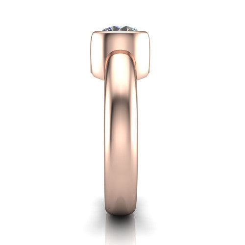 Morgan round classic engagement ring in 18K Rose Gold, side profile showing the half-bezel and wide polished band in side view