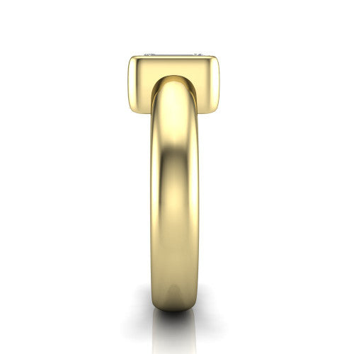 Morgan emerald-cut classic engagement ring in 14K Yellow Gold, side profile showing the half-bezel and wide polished band in side view