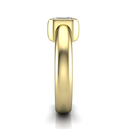 Morgan square emerald-cut classic engagement ring in 18K Yellow Gold, side profile showing the half-bezel and wide polished band in side view