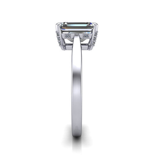 Finley emerald-cut classic engagement ring in 18K White Gold, side profile showing the hidden halo and polished band in side view