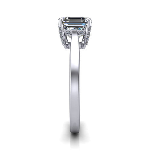 Finley square emerald-cut classic engagement ring in 18K White Gold, side profile showing the hidden halo and polished band in side view