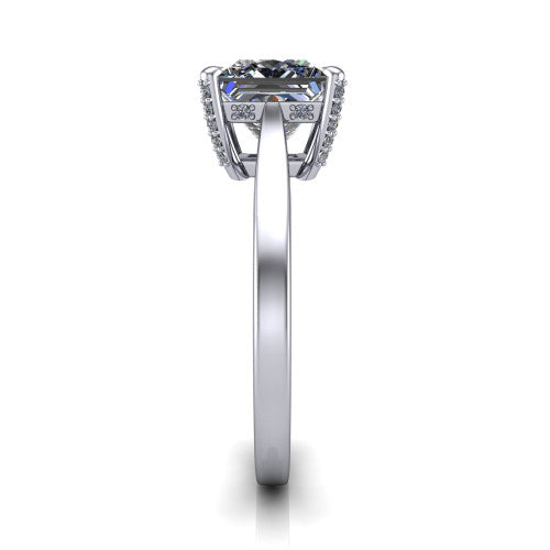 Finley princess-cut classic engagement ring in 18K White Gold, side profile showing the hidden halo and polished band in side view