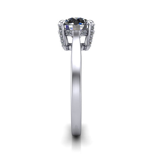 Finley round classic engagement ring in Platinum, side profile showing the hidden halo and polished band in side view