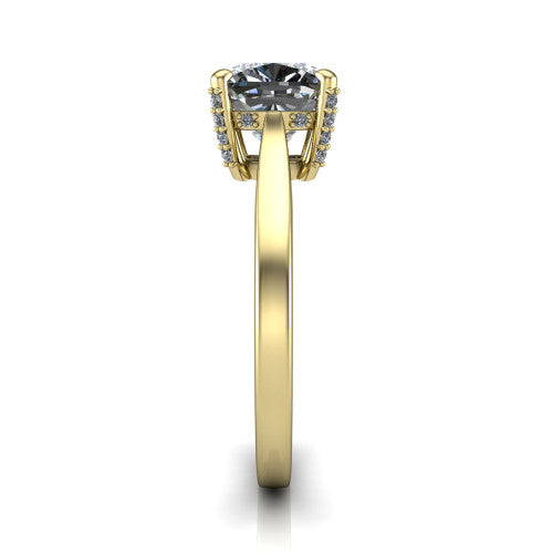 Finley cushion classic engagement ring in 18K Yellow Gold, side profile showing the hidden halo and polished band in side view