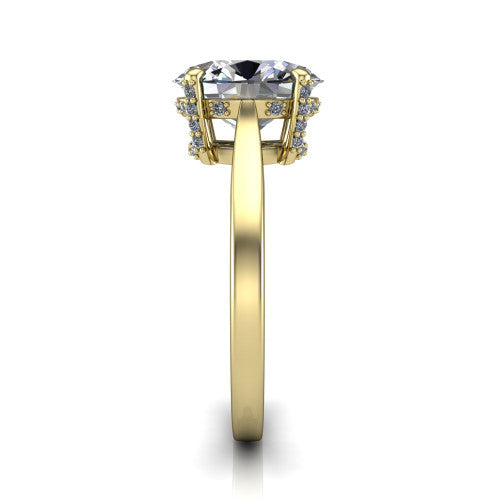 Finley oval classic engagement ring in 18K Yellow Gold, side profile showing the hidden halo and polished band in side view