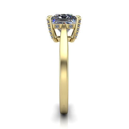 Finley princess-cut classic engagement ring in 18K Yellow Gold, side profile showing the hidden halo and polished band in side view