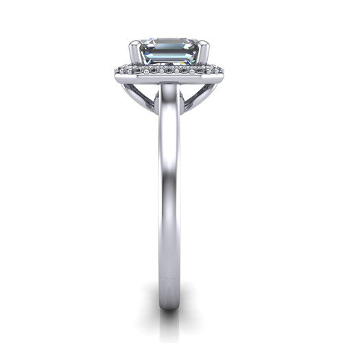 Dream square emerald halo engagement ring in Platinum, side profile showing the cathedral shoulders and leaf-inspired basket gallery