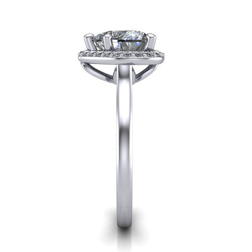 Dream heart halo engagement ring in 14K White Gold, side profile showing the cathedral shoulders and leaf-inspired basket gallery
