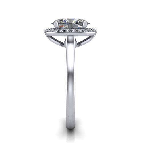 Andrea oval halo engagement ring in Platinum, side profile showing the halo and thin polished band in side view