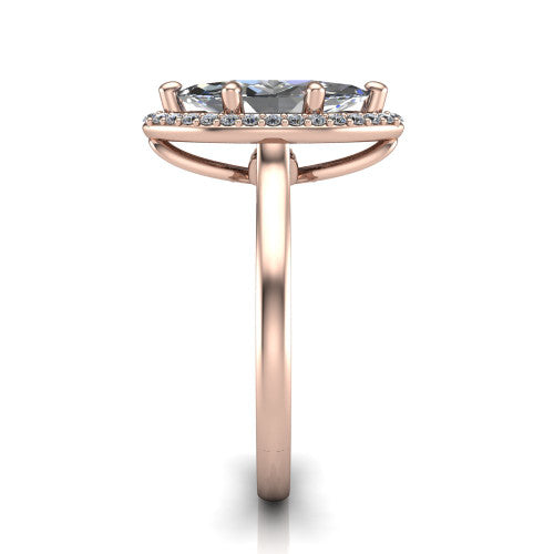 Dream marquise halo engagement ring in 18K Rose Gold, side profile showing the cathedral shoulders and leaf-inspired basket gallery