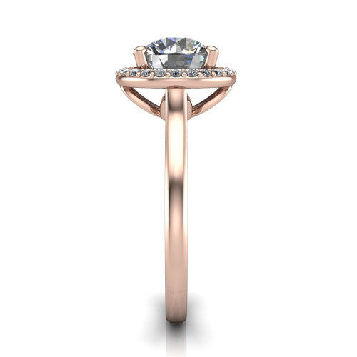 Dream round halo engagement ring in 18K Rose Gold, side profile showing the cathedral shoulders and leaf-inspired basket gallery