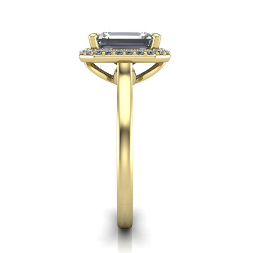 Andrea emerald-cut halo engagement ring in 18K Yellow Gold, side profile showing the halo and thin polished band in side view