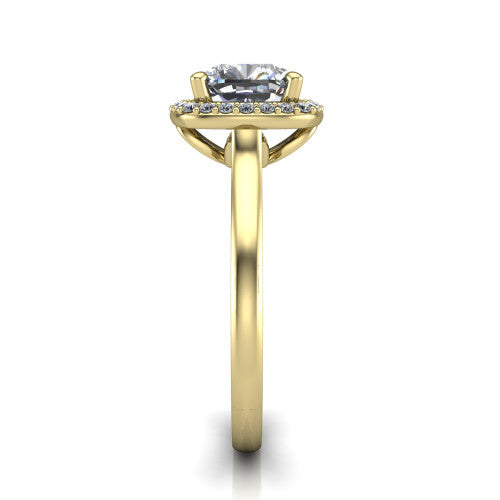 Dream cushion halo engagement ring in 18K Yellow Gold, side profile showing the cathedral shoulders and leaf-inspired basket gallery
