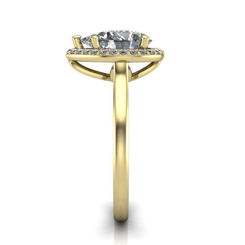 Andrea pear halo engagement ring in 18K Yellow Gold, side profile showing the halo and thin polished band in side view