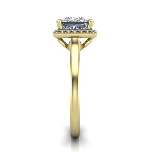 Dream princess halo engagement ring in 14K Yellow Gold, side profile showing the cathedral shoulders and leaf-inspired basket gallery