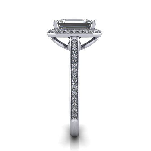 Delaney emerald halo engagement ring in Platinum, side profile showing the leaf basket and pave band