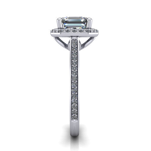 Delaney square emerald halo engagement ring in Platinum, side profile showing the leaf basket and pave band