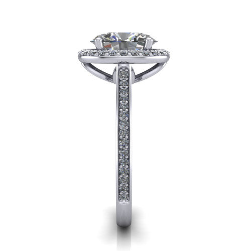 Delaney oval halo engagement ring in Platinum, side profile showing the leaf basket and pave band