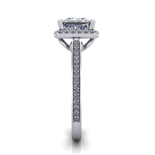 Delaney princess halo engagement ring in Platinum, side profile showing the leaf basket and pave band